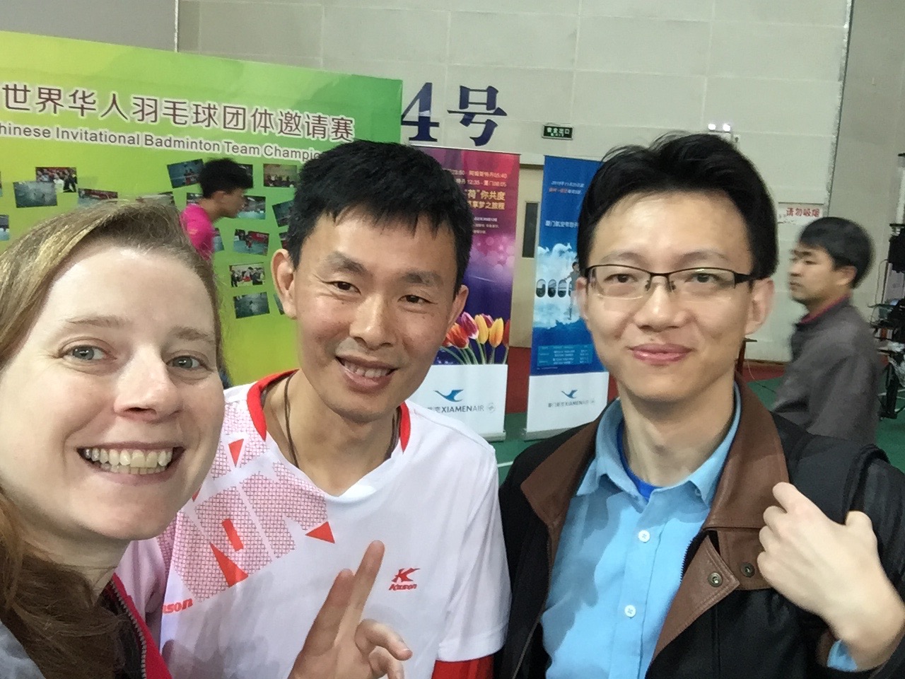 My teacher (in the middle, and Xiao He are my only two links to the Xiamen badminton community. I need their help to get me more involved. 